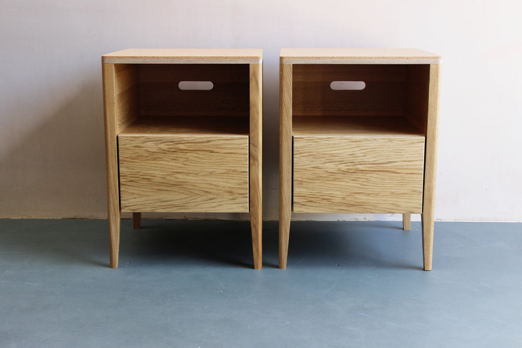 Handmade bedside table.It features oak veneered ply with solid oak legs. Made by Jon Grant in Leyton, East London.